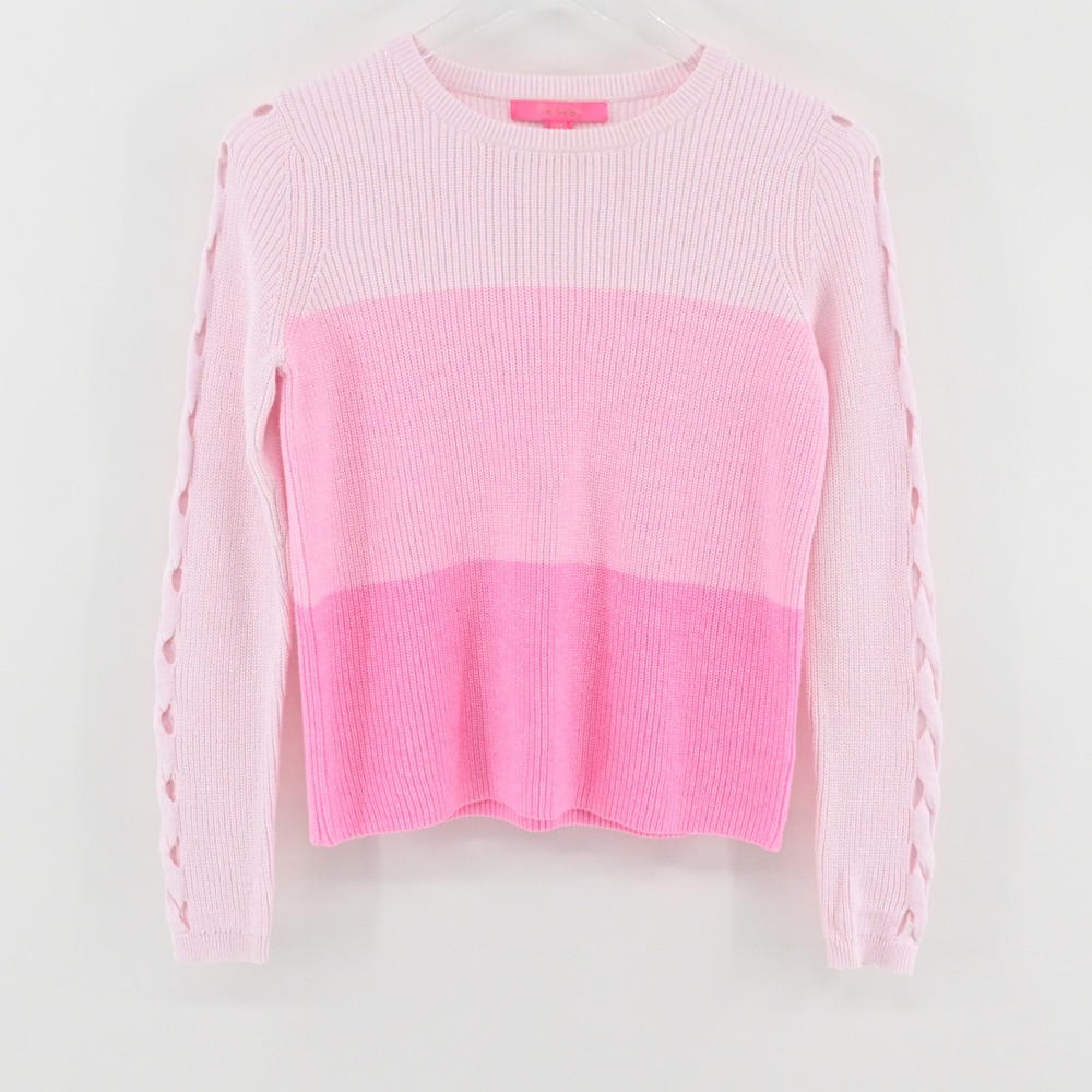 Lilly Pulitzer Carin Sweater Womens Sz XS Pink‎ Colorblock Lattice Sleeve Ribbed